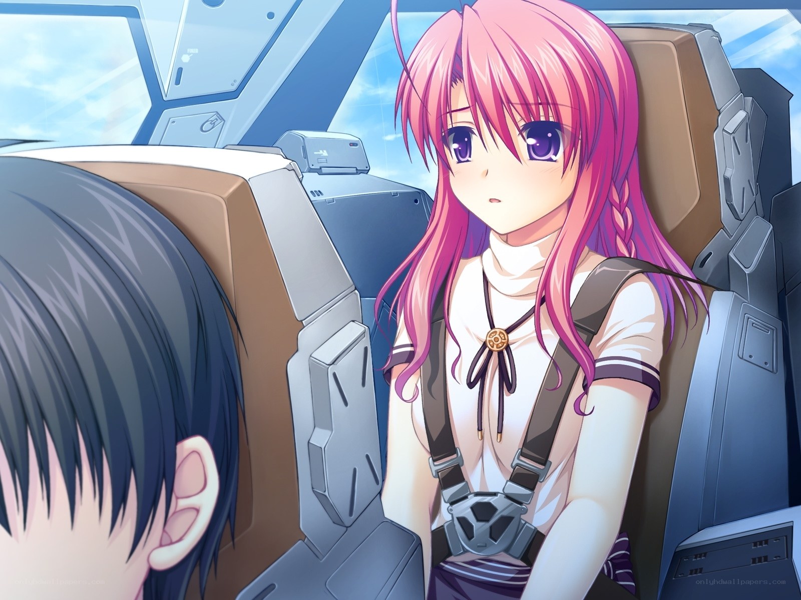 pink-haired girl in cockpit