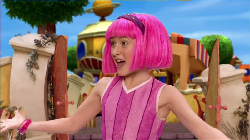 pink-haired girl in colorful setting