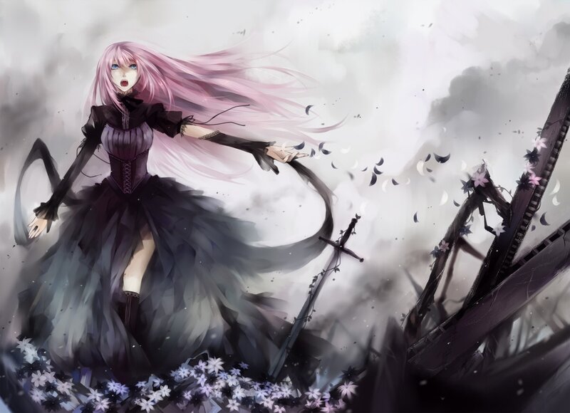 Pink-haired girl in dark dress