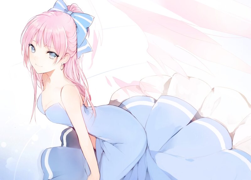 Pink-haired Girl in Dress — Blue, Serene, Anime, Bow