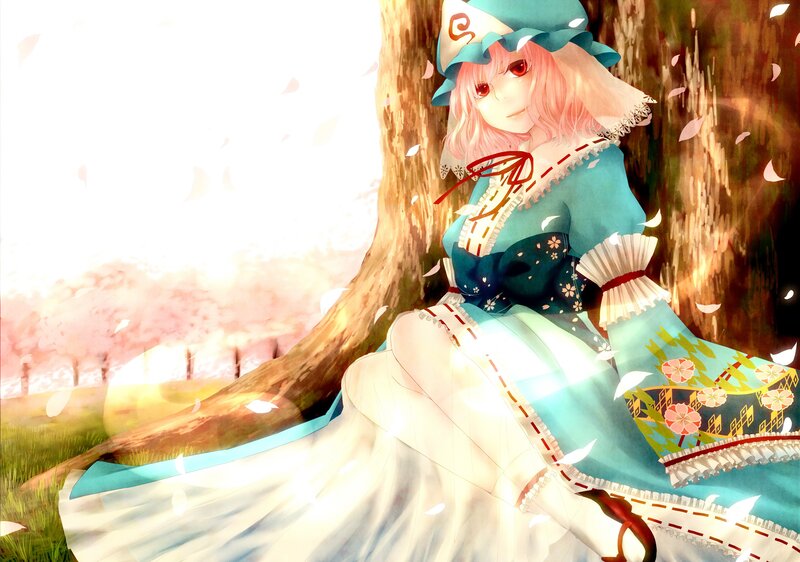 Pink-haired Girl in Dress — Blue, Serene, Spring, Anime, Tree