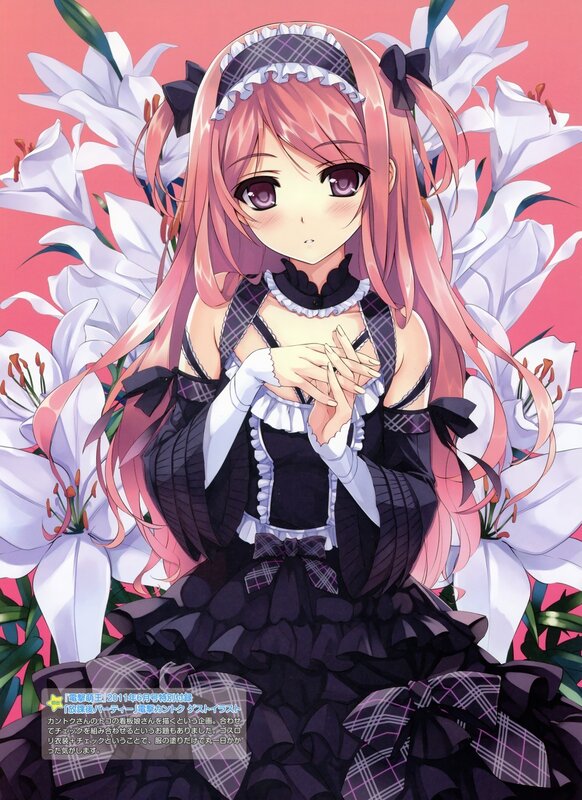 Pink-haired Girl in Dress — Pink, Calm, Anime, Flowers, Lilies, White