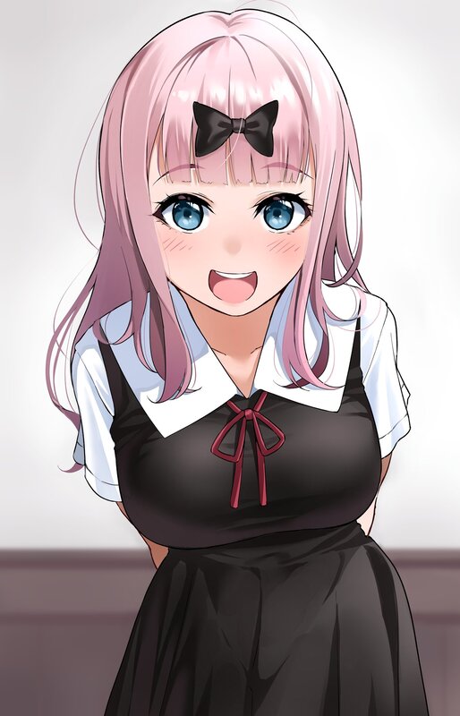Pink-haired Girl in Dress — Pink, Happy, Anime, Bow