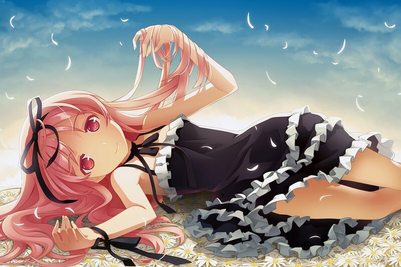 Pink-haired Girl in Dress — Pink, Serene, Afternoon, Anime, Daisies, Sky