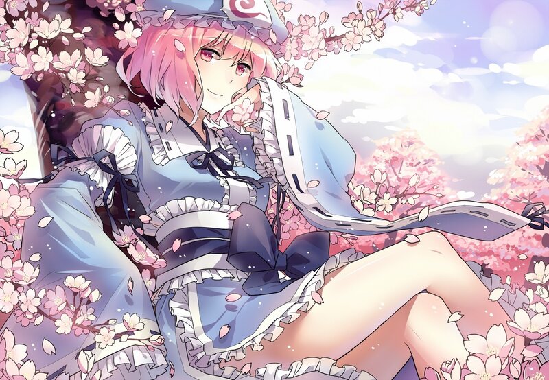 Pink-haired Girl in Dress — Pink, Serene, Spring, Anime, Cherry Blossoms, Sky