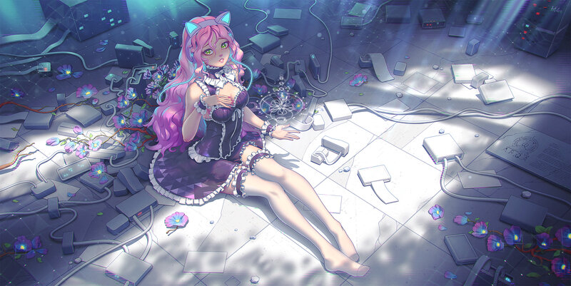 Pink-haired Girl in Dress — Purple, Dramatic, Digital Art