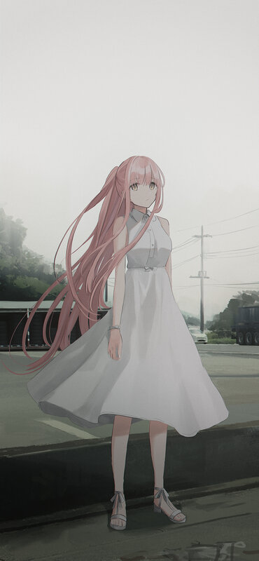 Pink-haired Girl in Dress — White, Calm, Morning