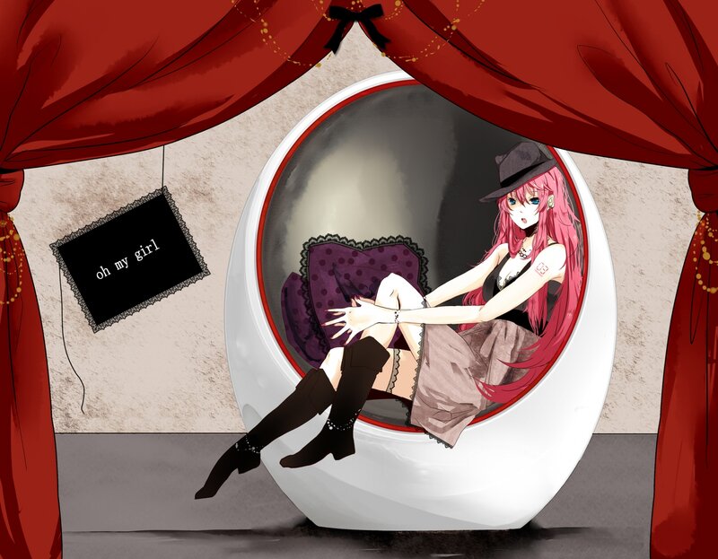 pink-haired girl in egg chair