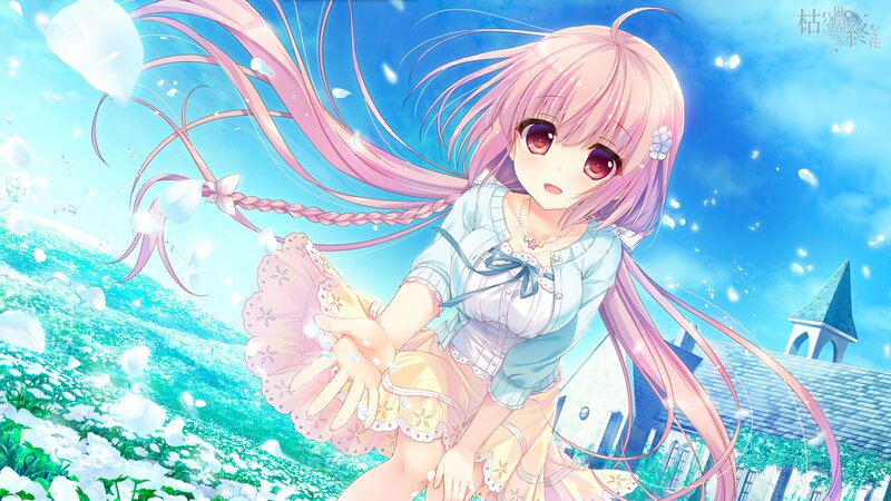 Pink-haired Girl in Field — Blue, Serene, Afternoon, Anime, Flowers