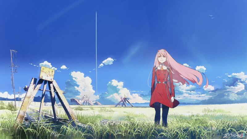 Pink-haired Girl in Field — Blue, Serene, Afternoon, Anime