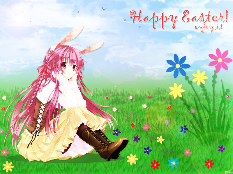 Pink-haired Girl in Field — Green, Serene