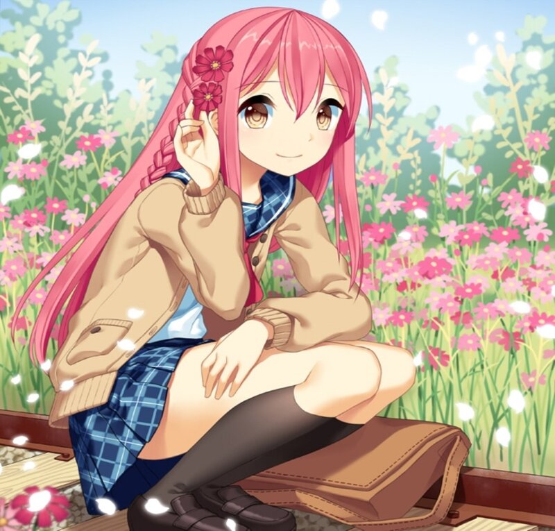 Pink-haired Girl in Field — Pink, Serene, Spring, Anime, Flowers