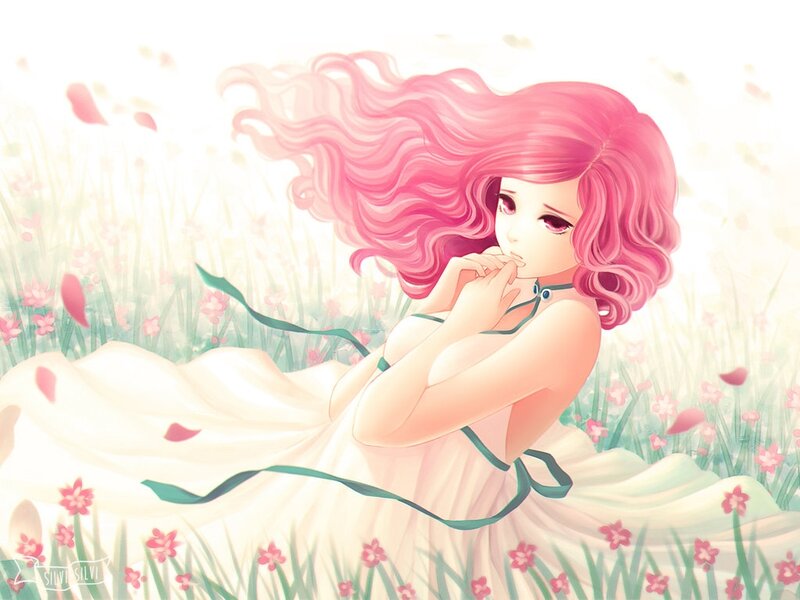 Pink-haired Girl in Field — Pink, Serene, Spring, Digital Art