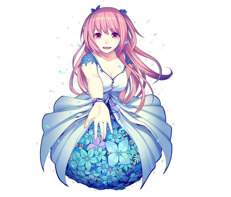pink-haired girl in floral dress