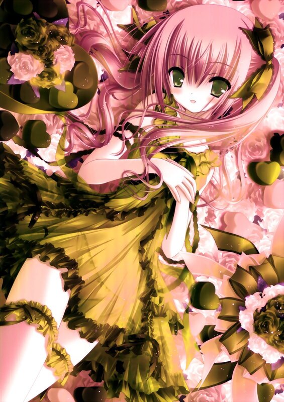 pink-haired girl in floral dress