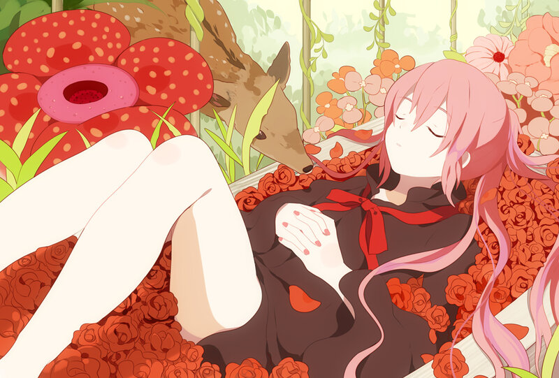 Pink-haired Girl in Flowers — Red
