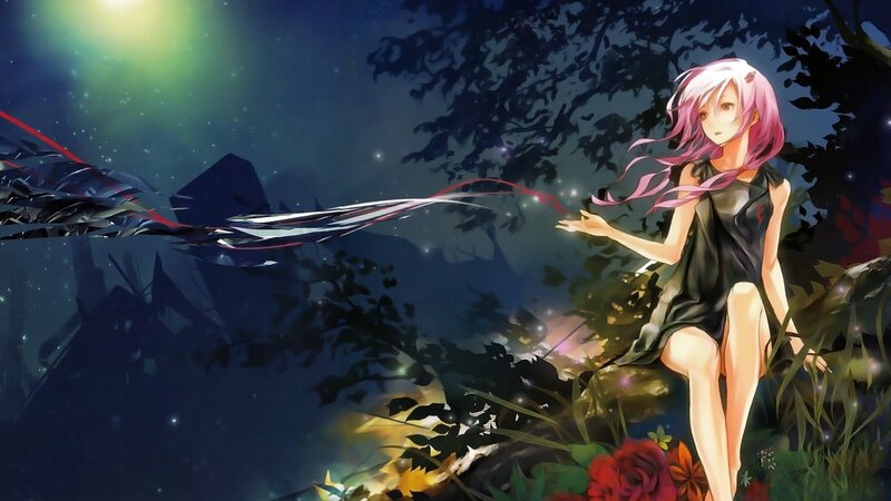 Pink-haired Girl in Forest — Black, Serene, Night