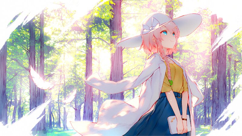 Pink-haired Girl in Forest — Green, Serene, Afternoon, Anime, Sunlight