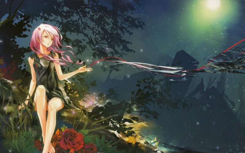 Pink-haired Girl in Forest — Green, Serene, Night, Anime