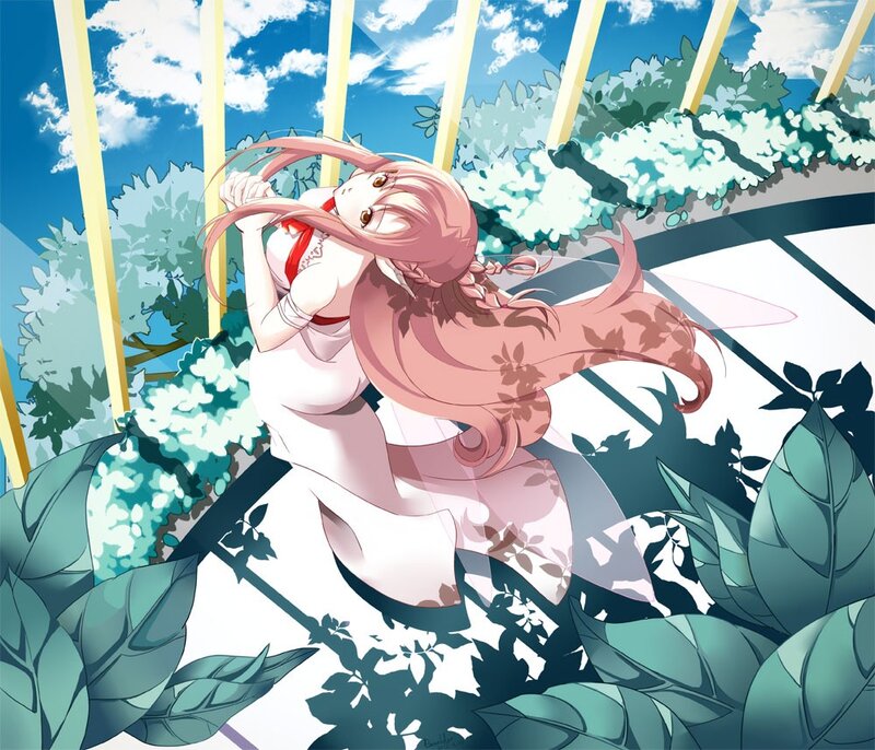 pink-haired girl in garden
