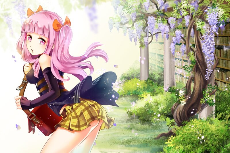 Pink-haired girl in garden
