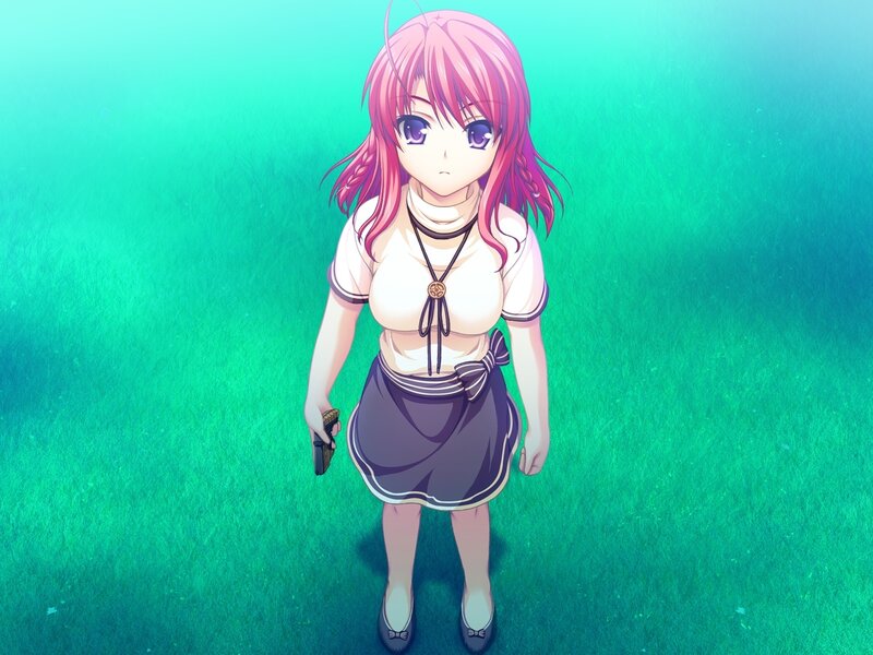 pink-haired girl in green field