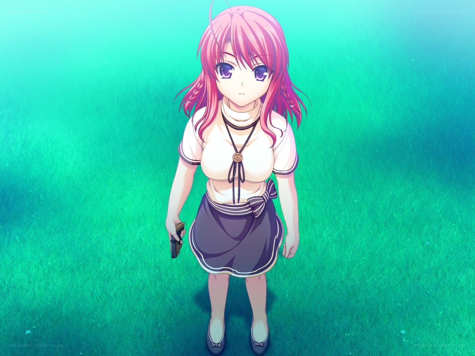 pink-haired girl in green field
