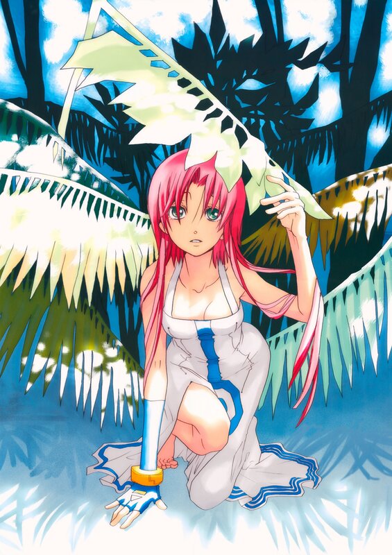 pink-haired girl in jungle