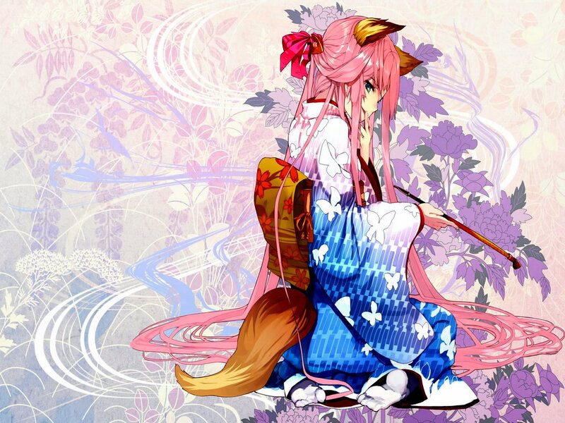 Pink-haired Girl in Kimono — Blue, Serene, Anime