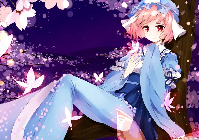 Pink-haired Girl in Kimono — Blue, Serene, Night, Anime