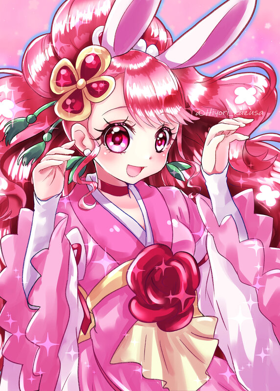 Pink-haired Girl in Kimono — Pink, Cheerful, Anime, Rabbit Ears