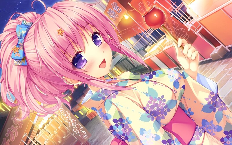 Pink-haired Girl in Kimono — Pink, Festive, Night