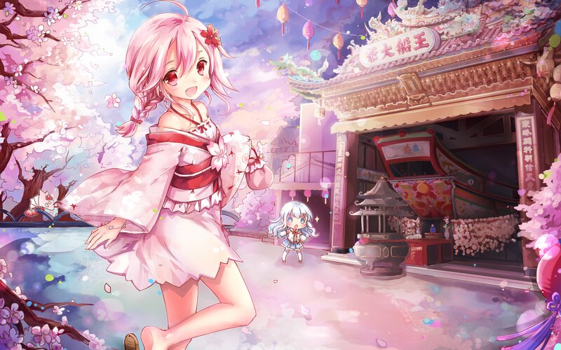 Pink-haired Girl in Kimono — Pink, Festive, Spring, Anime