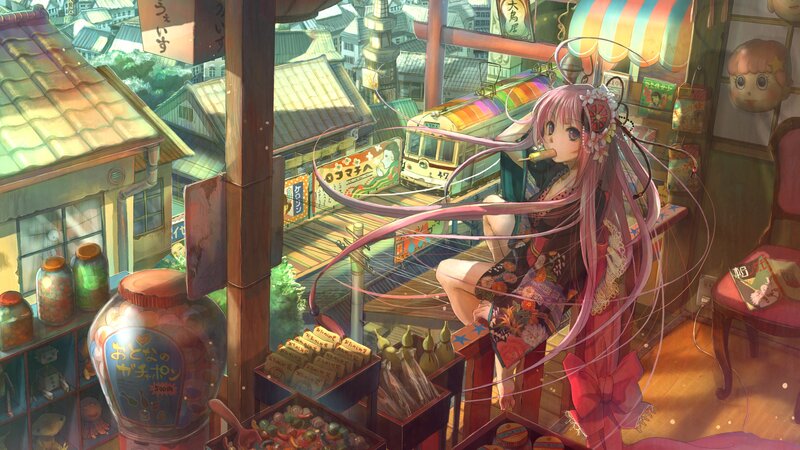 Pink-haired Girl in Kimono — Pink, Serene, Afternoon, Anime, Long Hair