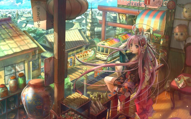 Pink-haired Girl in Kimono — Pink, Serene, Afternoon