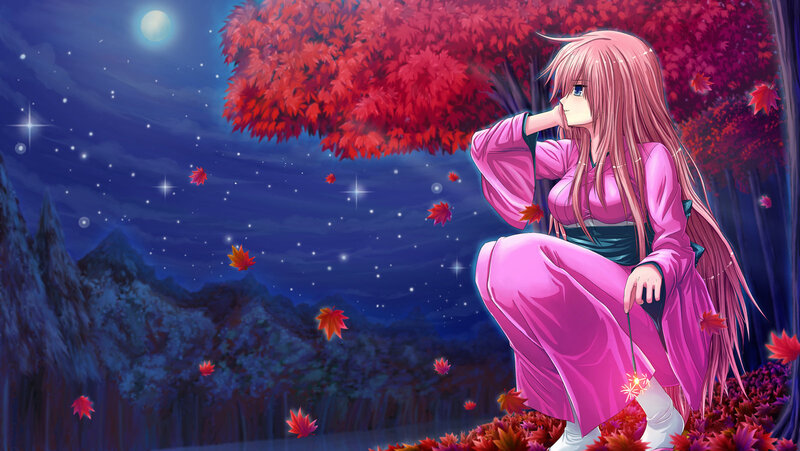 Pink-haired Girl in Kimono — Pink, Serene, Night, Anime, Red Maple Leaves