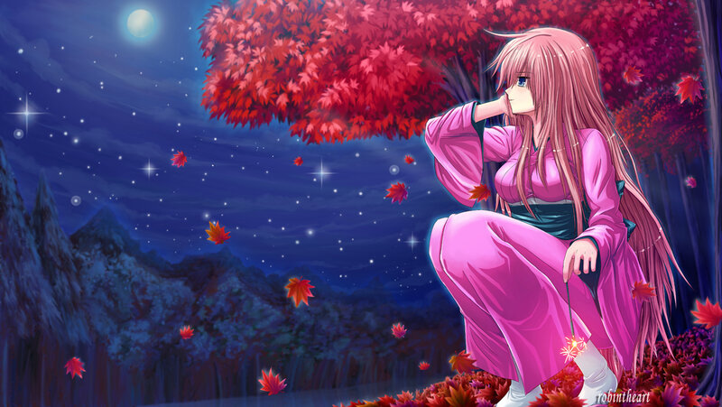 Pink-haired Girl in Kimono — Pink, Serene, Night