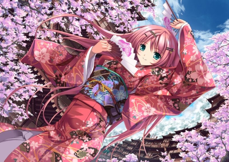 Pink-haired Girl in Kimono — Pink, Serene, Spring, Anime