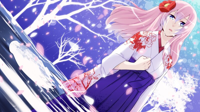 Pink-haired Girl in Kimono — Purple, Dramatic, Spring, Anime