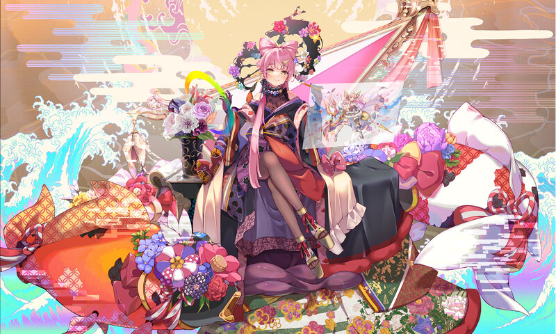 Pink-haired Girl in Kimono — Purple, Festive, Digital Art