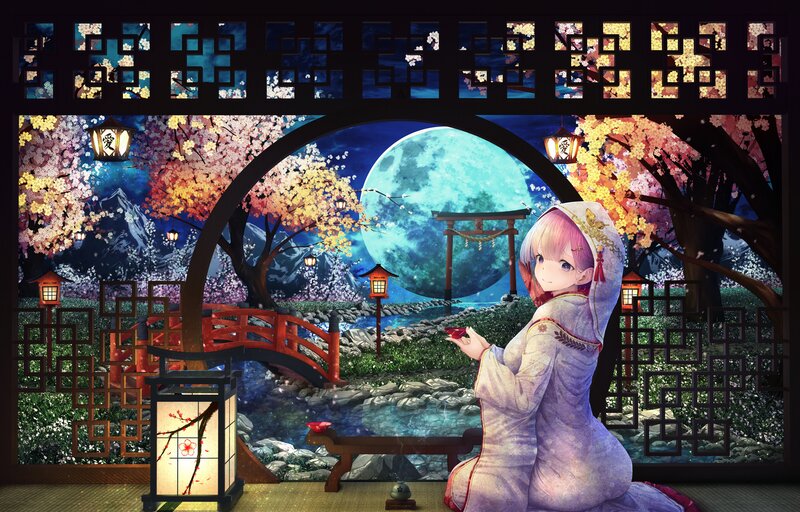 Pink-haired Girl in Kimono — Purple, Serene, Night