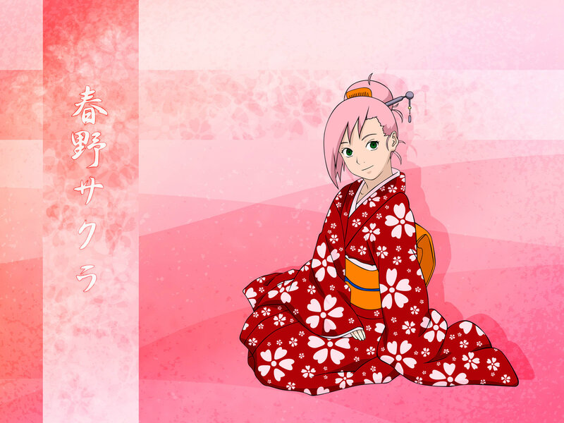 Pink-haired Girl in Kimono — Red, Calm