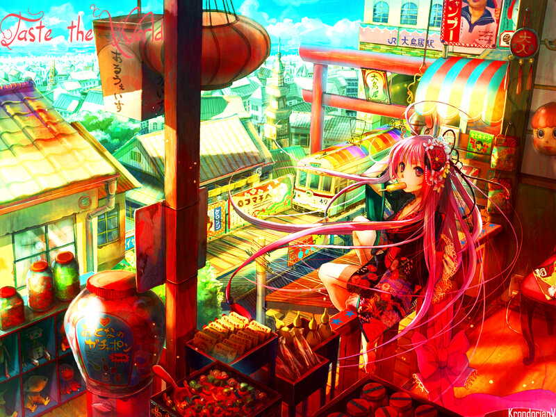 Pink-haired Girl in Kimono — Red