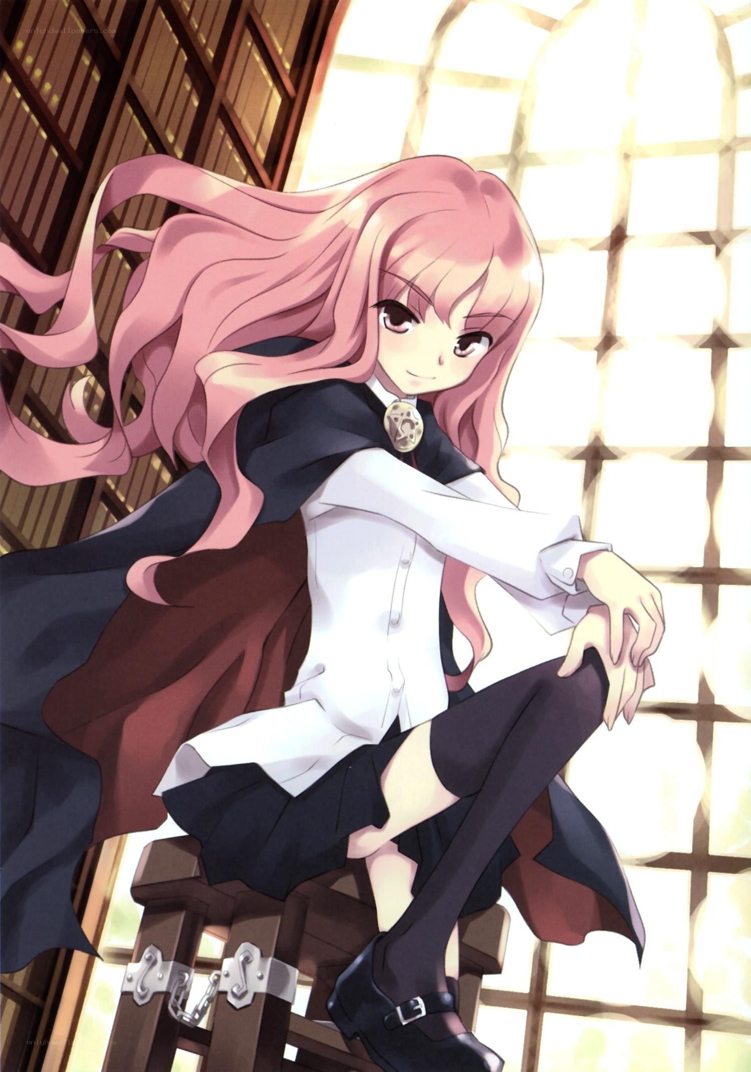 pink-haired girl in library