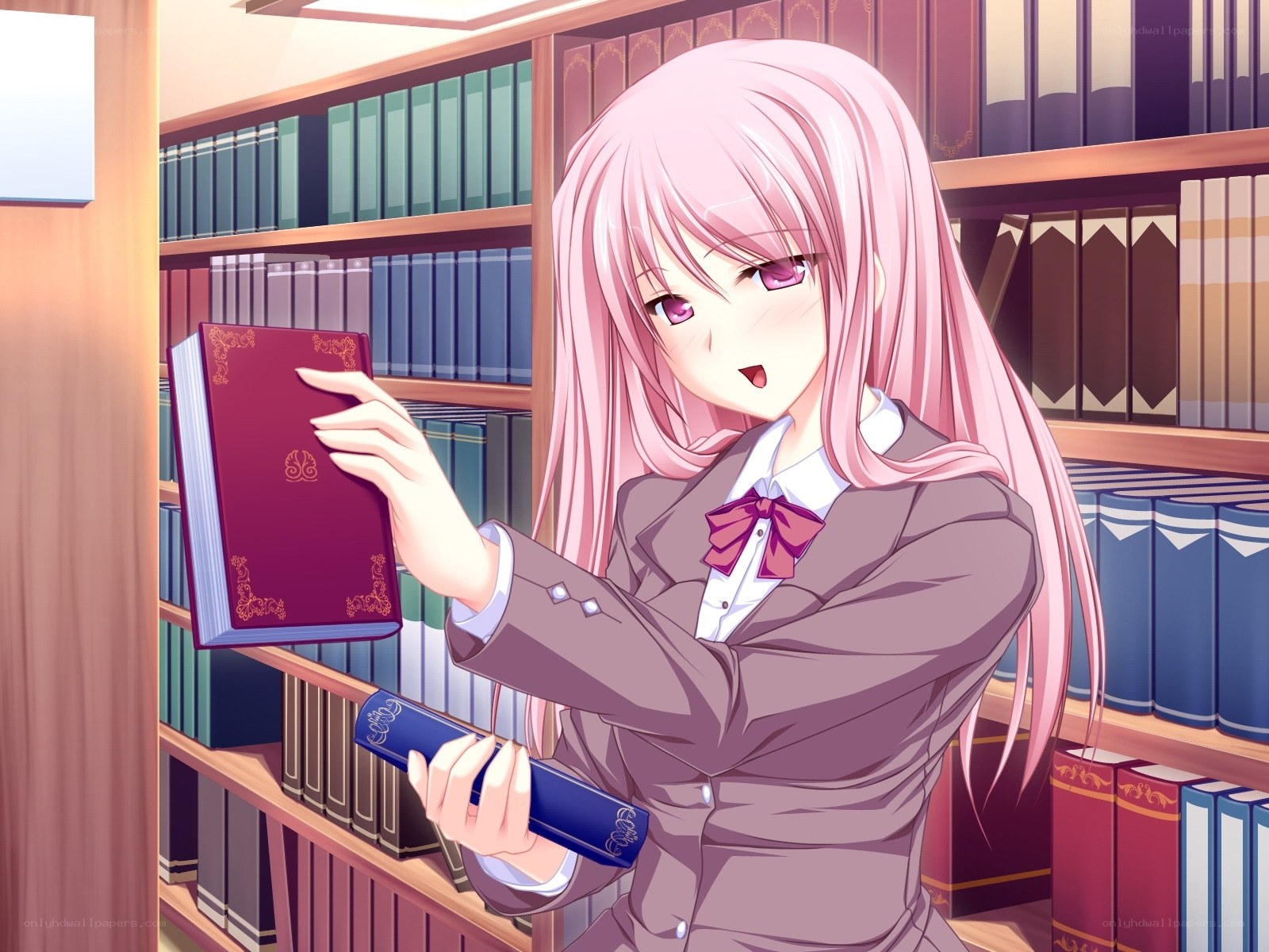 pink-haired girl in library
