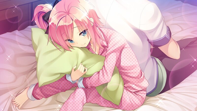 pink-haired girl in pajamas