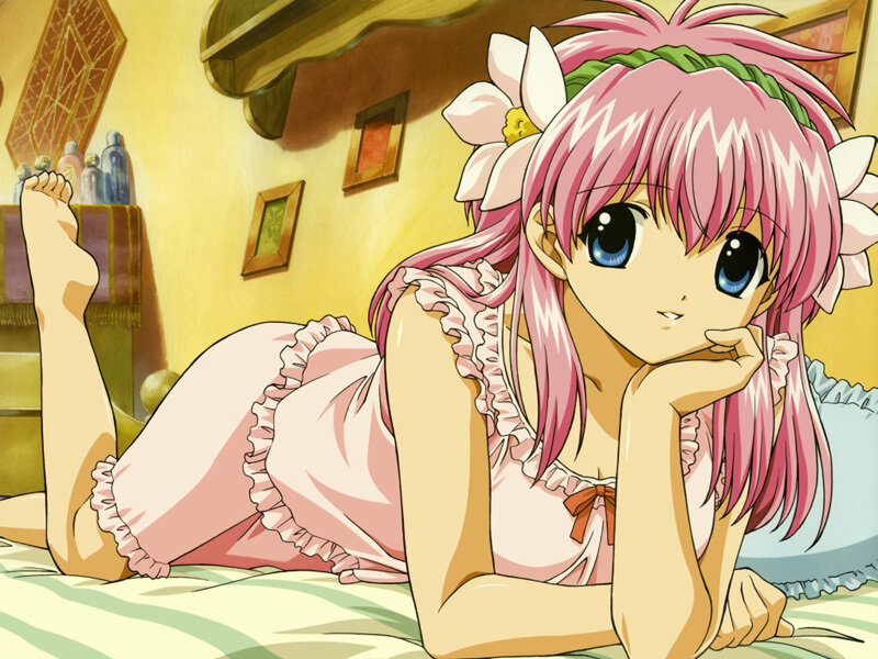 pink-haired girl in pajamas