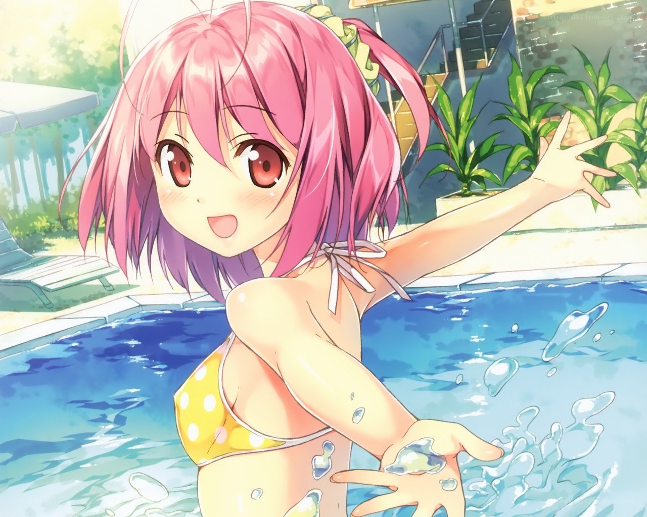 Pink-haired girl in pool