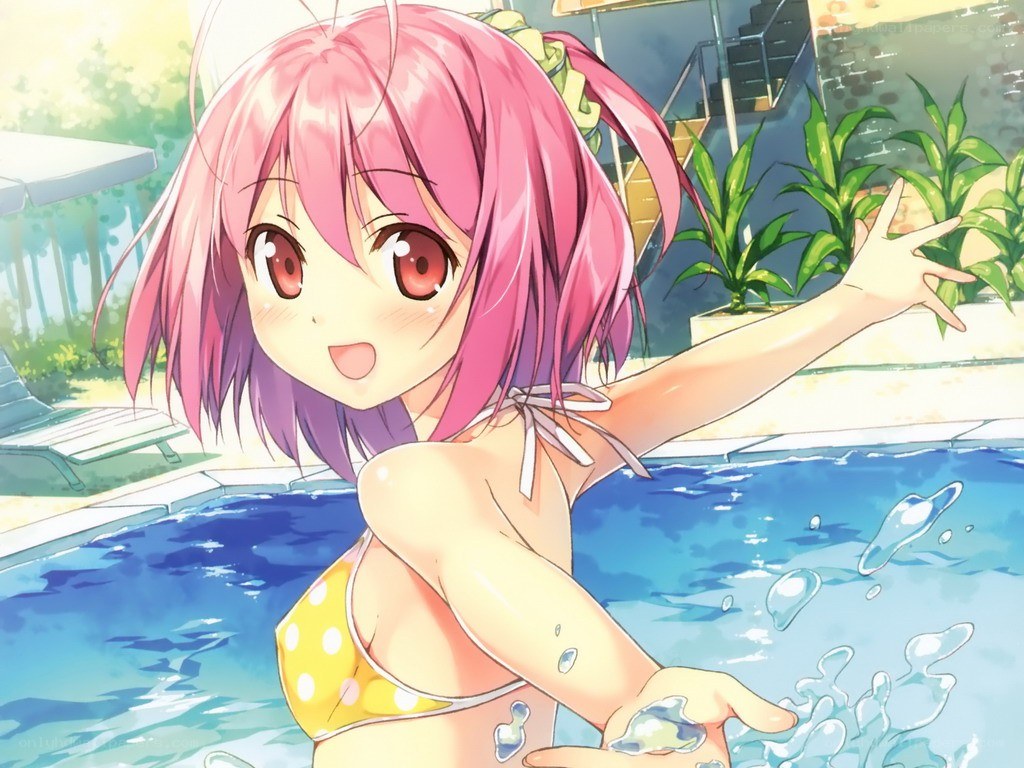 Pink-haired girl in pool