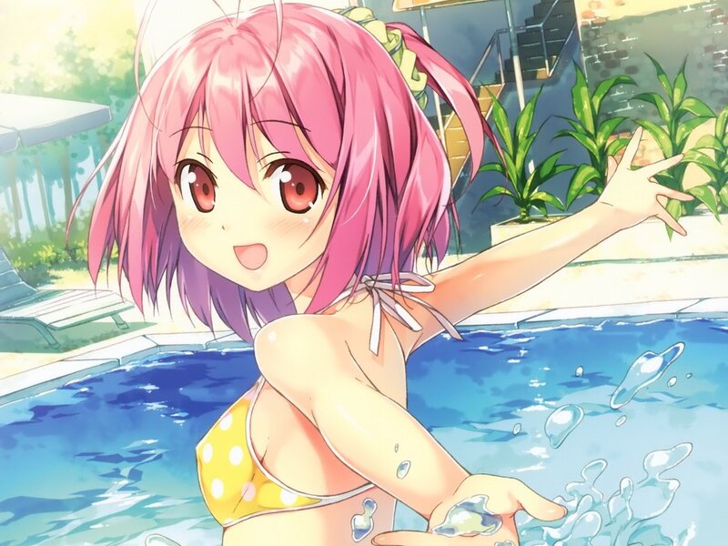 Pink-haired Girl in Pool — Blue, Playful, Afternoon, Anime